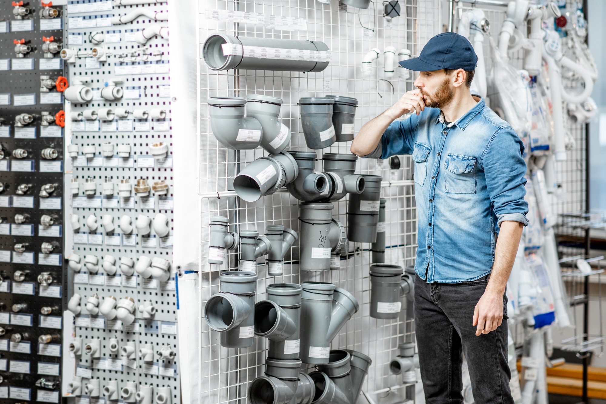 Man choosing pipes in the plumbing shop